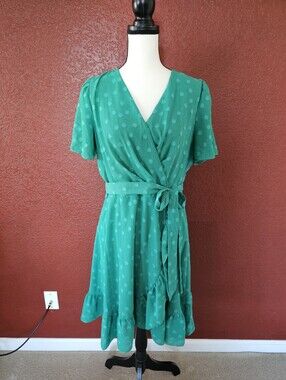 London Times Emerald Green Wrap Midi Dress with Tie